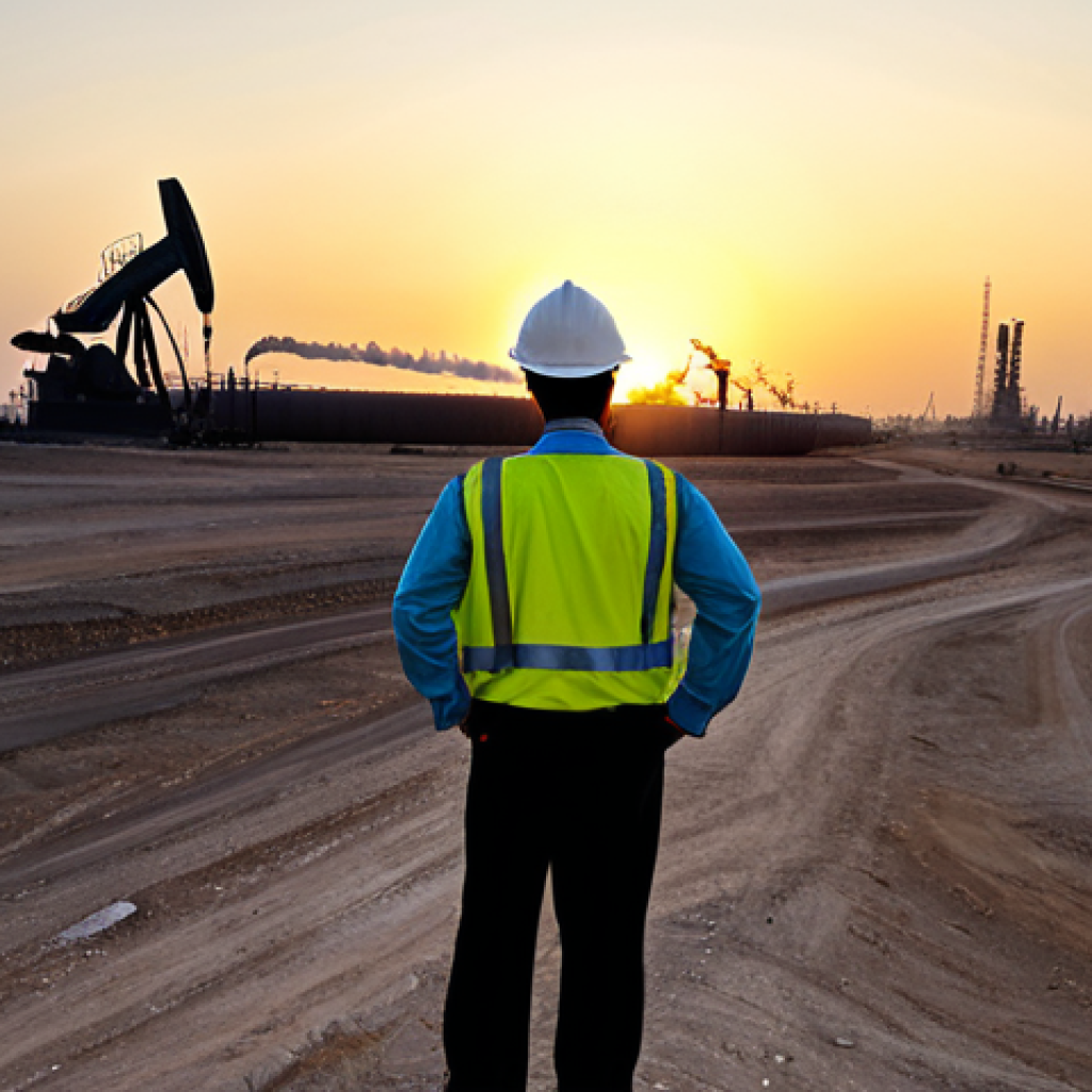 A wide-angle, panoramic photograph of an expansive oil field in southern Iraq at sunrise. The scene captures numerous active oil derricks, a network of industrial pipelines, and established pumping stations stretching towards the horizon, symbolizing both colossal natural resources and complex operational challenges. In the background, a large commercial tanker is being loaded at a distant oil export terminal, highlighting global connections. The lighting is the warm glow of dawn, creating dramatic shadows across the dusty landscape. A male oil industry professional, fully clothed in a modest work uniform and hard hat, stands in the foreground, facing the vista with perfect anatomy, correct proportions, and a natural pose. The image emphasizes professional photography, high quality, safe for work, appropriate content, fully clothed, and family-friendly.