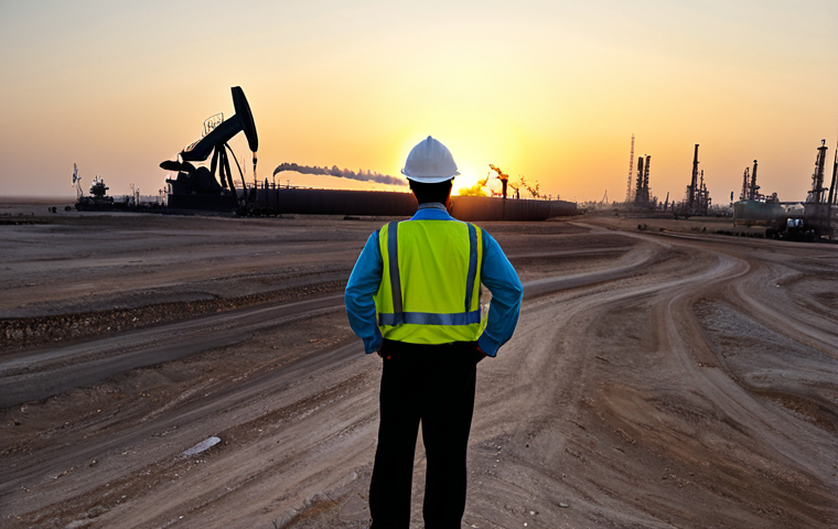 A wide-angle, panoramic photograph of an expansive oil field in southern Iraq at sunrise. The scene captures numerous active oil derricks, a network of industrial pipelines, and established pumping stations stretching towards the horizon, symbolizing both colossal natural resources and complex operational challenges. In the background, a large commercial tanker is being loaded at a distant oil export terminal, highlighting global connections. The lighting is the warm glow of dawn, creating dramatic shadows across the dusty landscape. A male oil industry professional, fully clothed in a modest work uniform and hard hat, stands in the foreground, facing the vista with perfect anatomy, correct proportions, and a natural pose. The image emphasizes professional photography, high quality, safe for work, appropriate content, fully clothed, and family-friendly.