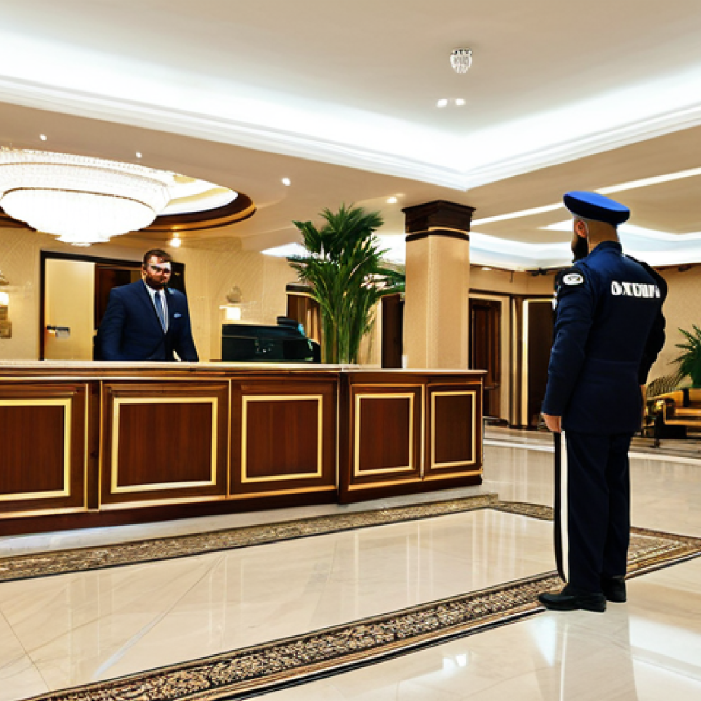 이라크에서 숙소 예약 가이드 - Al-Mansour Hotel Lobby**

"A brightly lit hotel lobby in Al-Mansour, Baghdad. Well-dressed guests ar...