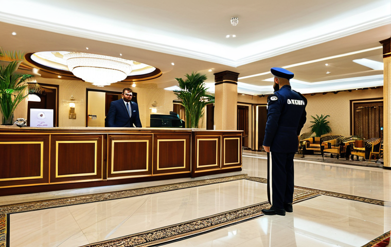 이라크에서 숙소 예약 가이드 - Al-Mansour Hotel Lobby**

"A brightly lit hotel lobby in Al-Mansour, Baghdad. Well-dressed guests ar...