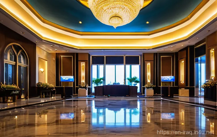 이라크 알라쉬드 호텔 역사 - **Prompt:** A wide, cinematic shot of the grand, opulent lobby of the Al-Rashid Hotel during its ina...