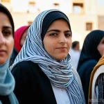 이라크 여성 인권운동가 - **Prompt:** A diverse group of Iraqi women, ranging in age from young adults to elders, stand united...