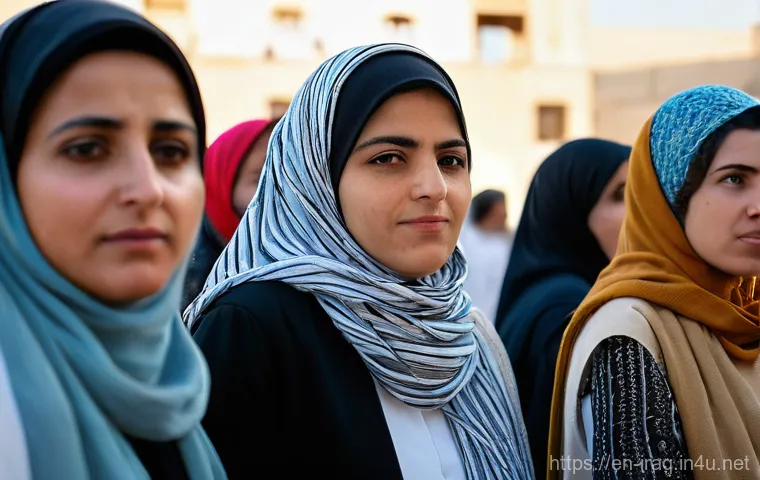 이라크 여성 인권운동가 - **Prompt:** A diverse group of Iraqi women, ranging in age from young adults to elders, stand united...