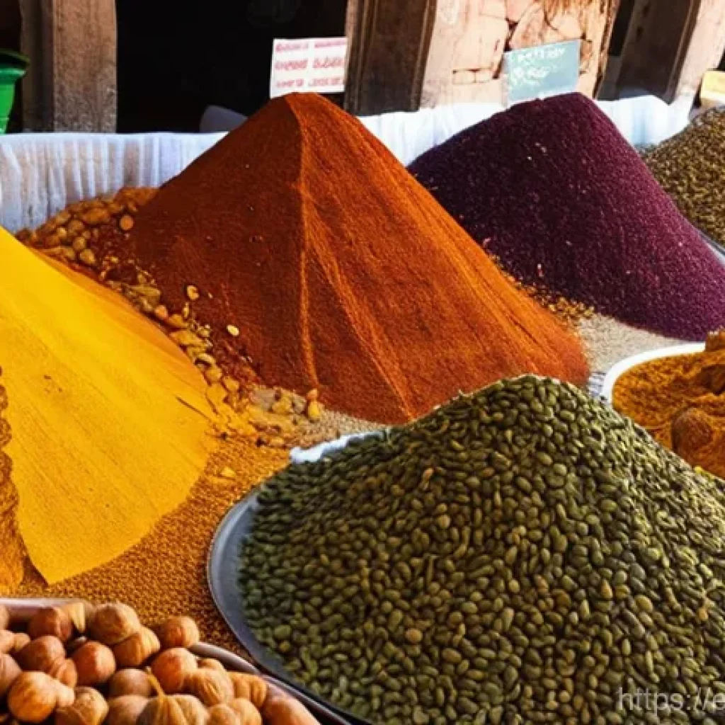 이라크 전통 향신료 종류 - **Prompt 1: A Vibrant Iraqi Spice Market**
    "A bustling, vibrant market stall in Baghdad, overflo...