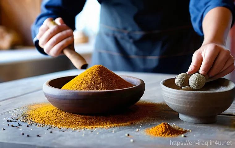 이라크 전통 향신료 종류 - **Prompt 1: A Vibrant Iraqi Spice Market**
    "A bustling, vibrant market stall in Baghdad, overflo...