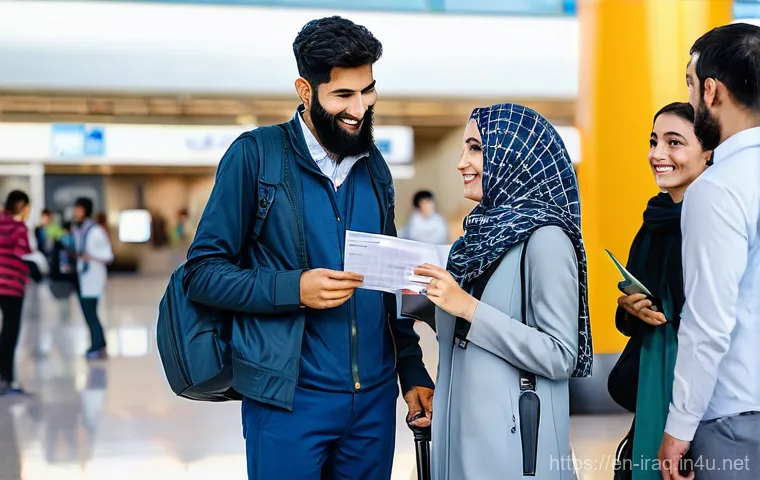 이라크 내 이슈 및 주의 사항 - **A modern female traveler arrives at Baghdad International Airport.** She is dressed modestly in lo...