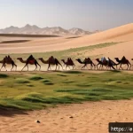 이라크 사막 부족의 삶 - A detailed scene of a nomadic Iraqi desert tribe during a seasonal migration, showcasing men and wom...