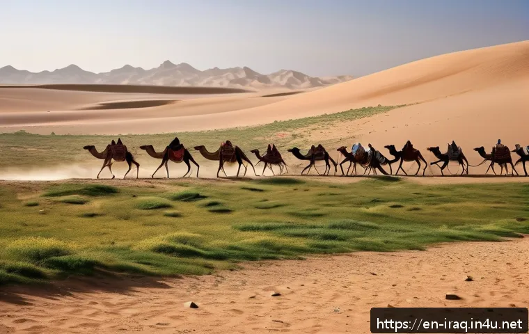 이라크 사막 부족의 삶 - A detailed scene of a nomadic Iraqi desert tribe during a seasonal migration, showcasing men and wom...