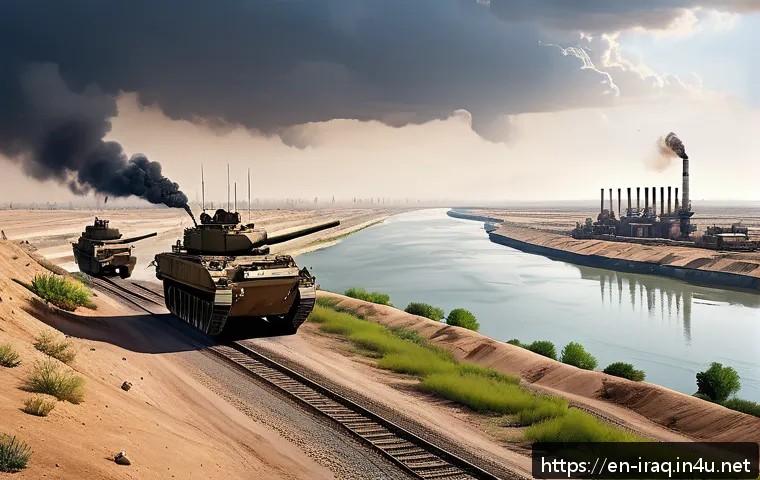 이라크 이란 전쟁의 원인 - A detailed, realistic depiction of the Shatt al-Arab waterway during the height of Iraq-Iran tension...