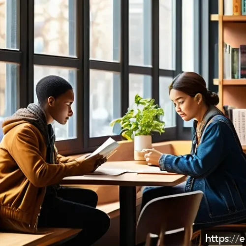 이라크의 유명 작가 칼릴 지브란 - A serene, sunlit caf&eacute; scene in a modern urban setting, with diverse people of different ethnicities ...