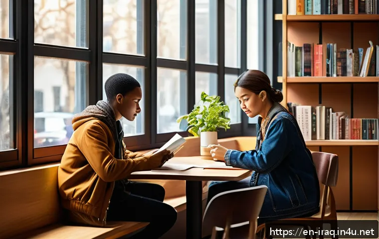 이라크의 유명 작가 칼릴 지브란 - A serene, sunlit café scene in a modern urban setting, with diverse people of different ethnicities ...