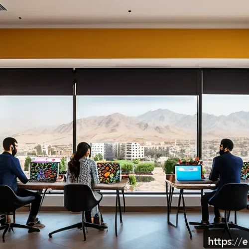 이라크의 스타트업 산업 성장 - A vibrant coworking space in Erbil filled with young Iraqi entrepreneurs collaborating on laptops an...
