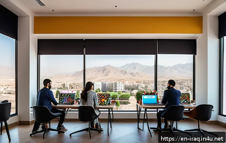 이라크의 스타트업 산업 성장 - A vibrant coworking space in Erbil filled with young Iraqi entrepreneurs collaborating on laptops an...
