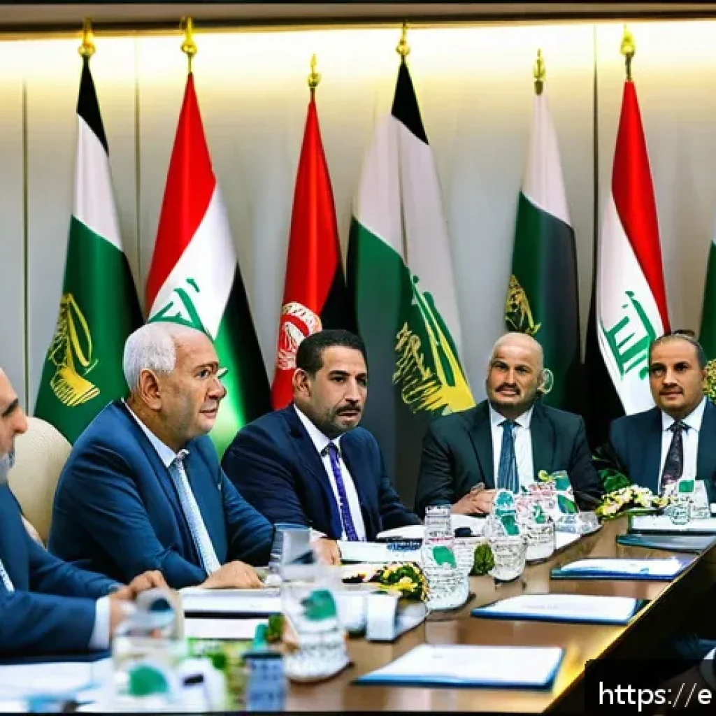 이라크 정치 상황 업데이트 - A dynamic political meeting scene in Baghdad featuring diverse Iraqi politicians from emerging refor...