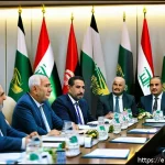 이라크 정치 상황 업데이트 - A dynamic political meeting scene in Baghdad featuring diverse Iraqi politicians from emerging refor...
