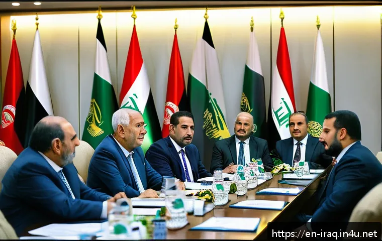 이라크 정치 상황 업데이트 - A dynamic political meeting scene in Baghdad featuring diverse Iraqi politicians from emerging refor...
